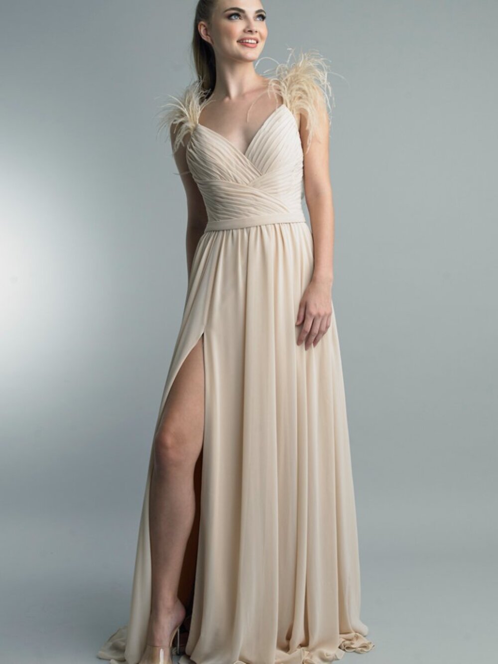 D1322L Feathered Sweetheart Pleated Gown - Champagne
